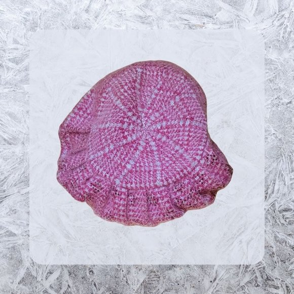 Raspberry & Grey Knit Herringbone Baker Boy Hat accent on side sparkles in Front - Picture 8 of 11